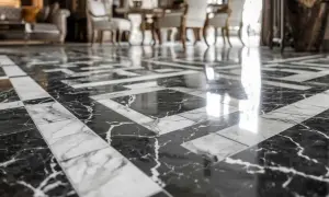 A luxurious marble tile floor with a striking black grout pattern. The polished surface reflects light, highlighting the intricate geometric design.