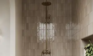 A modern shower with matte porcelain tiles and a brass showerhead. Learn how to clean matte porcelain tiles in shower spaces for a sparkling finish.