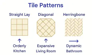 Comparing tile patterns: straight lay for an orderly kitchen, diagonal for an expansive living room, and herringbone for a dynamic bathroom.