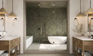 A modern, fully tiled bathroom featuring a freestanding tub and walk-in shower with olive green tiles.
