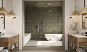 A modern bathroom with dual vanities and a glass-enclosed shower featuring olive green tiles, showcasing a bathtub and shower. This design highlights the most durable tile for a long-lasting, stylish space.