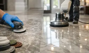 A gloved hand uses a small polisher on marble tile, while a large floor buffer shines the rest of the floor.