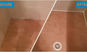 Before and after of a DIY shower tile cleaning. The grout is visibly cleaner and brighter in the after shot.