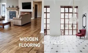 Split image comparing a cozy living room with wooden flooring to a bright, airy room with tile flooring. Is tile cheaper than hardwood?