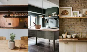 Kitchens showcasing a copper backsplash, a dark green island, and a rustic brick wall. The contrast between backsplash vs no backsplash is evident.