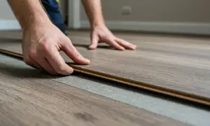 Hands guide a plank of wood-look flooring into place, showing how to cut linoleum flooring for a seamless installation.