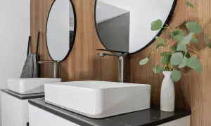 Modern bathroom with two white vessel sinks, sleek faucets, round mirrors, and a eucalyptus branch in a vase.