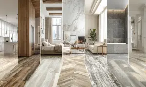 Diverse lvt installation patterns showcase wood-look flooring in kitchens, bedrooms, living rooms, and bathrooms, offering stylish and durable design options.