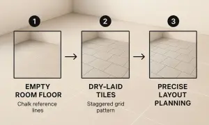 Diagram showing steps for tiling a floor: empty room, dry-laid tiles in a staggered pattern, and precise layout planning before grouting.