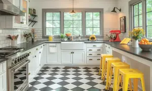 A bright kitchen with classic black and white kitchen floor tile patterns, yellow bar stools, and a farmhouse sink.