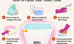 Learn how to clean toilet tank: pour vinegar, soak, turn off water, flush, then scrub with disinfectant.