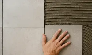 A hand places a light gray tile onto a wall with adhesive, continuing a bathroom tile installation.