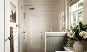 Elegant bathroom with white subway porcelain tile shower ideas, a rainfall showerhead, and a window with natural light.