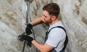 A plumber in black gloves works on a new shower install, tightening a fixture against a marble-patterned wall.