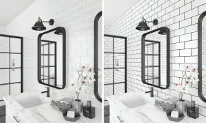 A modern bathroom features white subway tile with dark grout, a black framed mirror, and a black industrial-style light fixture.