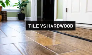 A hallway showcases a comparison of tile vs hardwood flooring, with plants and a door in the background.