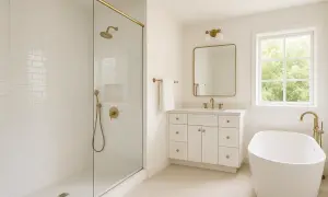 Modern bathroom with white subway tile shower, freestanding tub, and vanity. This tile reglazing project created a bright, spa-like feel.