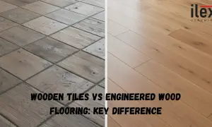 Comparing wood look tile and engineered wood flooring. The left shows rustic, square wood tiles, while the right displays smooth, light brown planks.