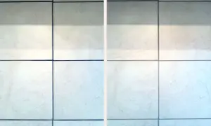 Before and after comparison showing how to clean ceramic tile. The left side shows dirty tiles, the right side shows sparkling clean tiles.