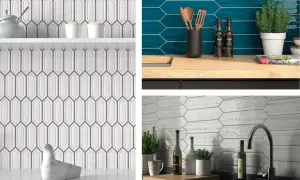 Kitchen backsplashes feature a modern picket tile pattern, shown in white, teal, and grey.