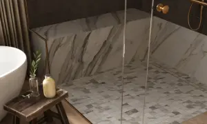 Elegant shower floor designs featuring a mosaic of small, diamond-shaped tiles in white and earth tones, complementing the marble walls.