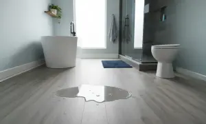 A puddle of water on a modern bathroom floor with LVT flooring. A freestanding tub and toilet are visible.