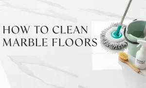 Learn how to clean marble floors with this guide. Supplies include a mop, bucket, spray bottle labeled "Marble Cleaner," and a brush.