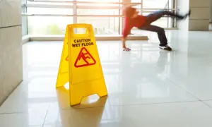 A person slips on a wet floor, narrowly avoiding a fall next to a yellow "Caution Wet Floor" sign. The shiny tiles suggest a low dcof tile rating.