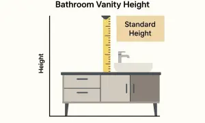 Illustration showing a bathroom vanity with a ruler measuring its standard height from the floor.