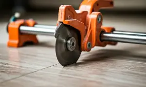An orange tile cutter with a spinning blade is positioned on a tiled floor, ready to make a precise cut. This shows how to use a tile cutter for a clean finish.