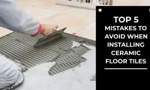 A worker spreads adhesive for tile floor installation. Text overlay: "TOP 5 MISTAKES TO AVOID WHEN INSTALLING CERAMIC FLOOR TILES.