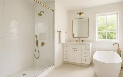 Modern bathroom with white subway tile shower, freestanding tub, and vanity. This tile reglazing project created a bright, spa-like feel.