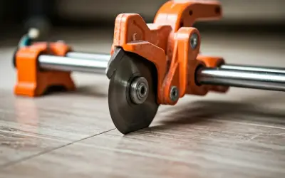 An orange tile cutter with a spinning blade is positioned on a tiled floor, ready to make a precise cut. This shows how to use a tile cutter for a clean finish.