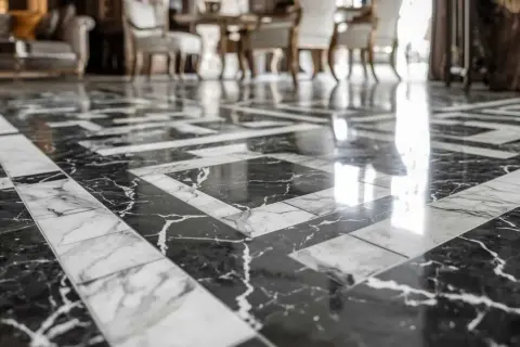 A luxurious marble tile floor with a striking black grout pattern. The polished surface reflects light, highlighting the intricate geometric design.