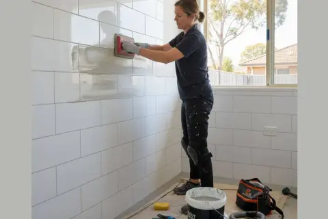 A woman is re grouting a white tiled wall with a trowel.