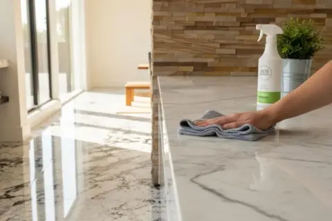 A hand wipes a marble countertop with a cloth, part of natural stone maintenance. A spray bottle and plant sit nearby.