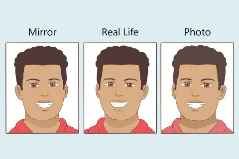 A man's face in a mirror, real life, and photo. Bathroom mirrors don't make you look bigger; photos often do.