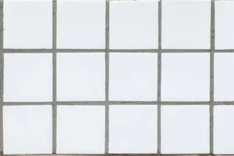 Close-up of white porcelain tiles with visible, unsanded grout lines.
