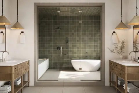 A modern, fully tiled bathroom featuring a freestanding tub and walk-in shower with olive green tiles.
