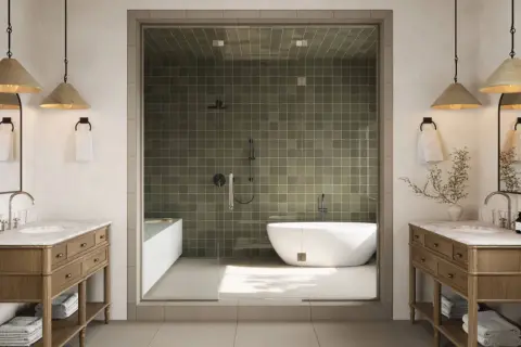A modern bathroom with dual vanities and a glass-enclosed shower featuring olive green tiles, showcasing a bathtub and shower. This design highlights the most durable tile for a long-lasting, stylish space.