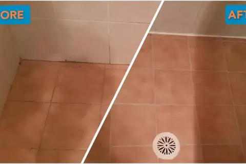 Before and after of a DIY shower tile cleaning. The grout is visibly cleaner and brighter in the after shot.