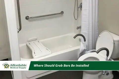 Bathroom with grab bar installation for safety. A bathtub with a transfer bench and a toilet with a raised seat are visible.