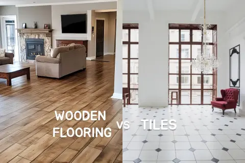 Split image comparing a cozy living room with wooden flooring to a bright, airy room with tile flooring. Is tile cheaper than hardwood?