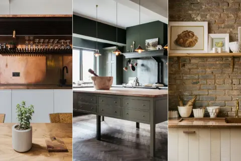 Kitchens showcasing a copper backsplash, a dark green island, and a rustic brick wall. The contrast between backsplash vs no backsplash is evident.