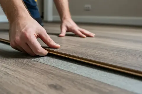 Hands guide a plank of wood-look flooring into place, showing how to cut linoleum flooring for a seamless installation.