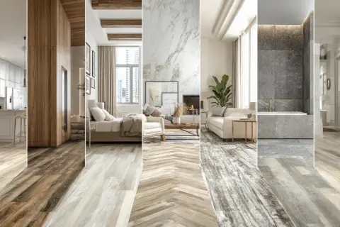 Diverse lvt installation patterns showcase wood-look flooring in kitchens, bedrooms, living rooms, and bathrooms, offering stylish and durable design options.