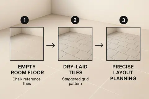 Diagram showing steps for tiling a floor: empty room, dry-laid tiles in a staggered pattern, and precise layout planning before grouting.