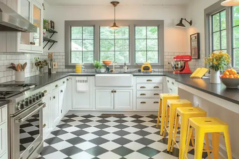 A bright kitchen with classic black and white kitchen floor tile patterns, yellow bar stools, and a farmhouse sink.