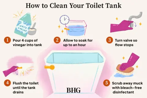 Learn how to clean toilet tank: pour vinegar, soak, turn off water, flush, then scrub with disinfectant.