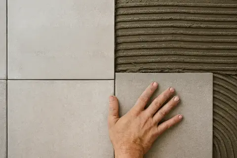 A hand places a light gray tile onto a wall with adhesive, continuing a bathroom tile installation.